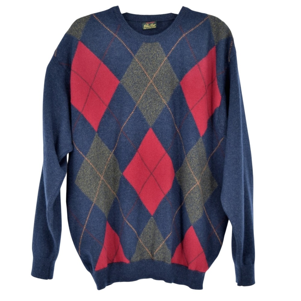 Peter Scott Scotland Vintage Argyle Wool Angora Knit Sweater Navy Blue Men 46 XL